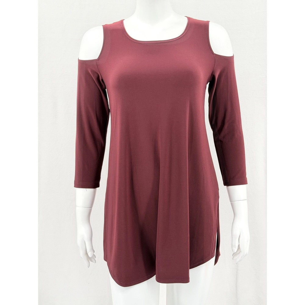 Sympli Top Womens 6 Burgundy Tunic Cold Shoulder 3/4 Sleeve Stretch Lagom Staple